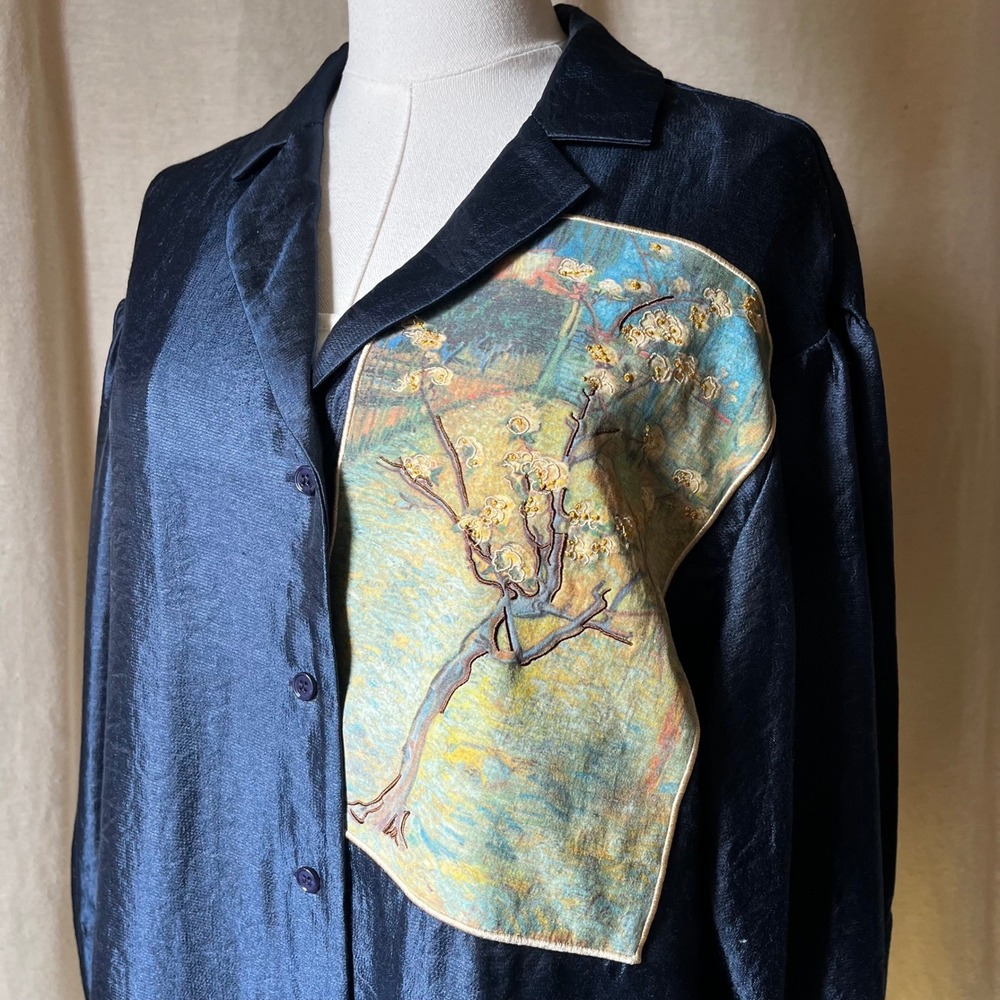 Van Gogh Museum Blossoming Almond Tree Artwear Embroidered Shirt Silk Blend M